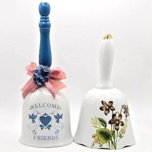 Ceramic Hand Bells, Welcome Friends Ducks Floral Bells, Decorative
